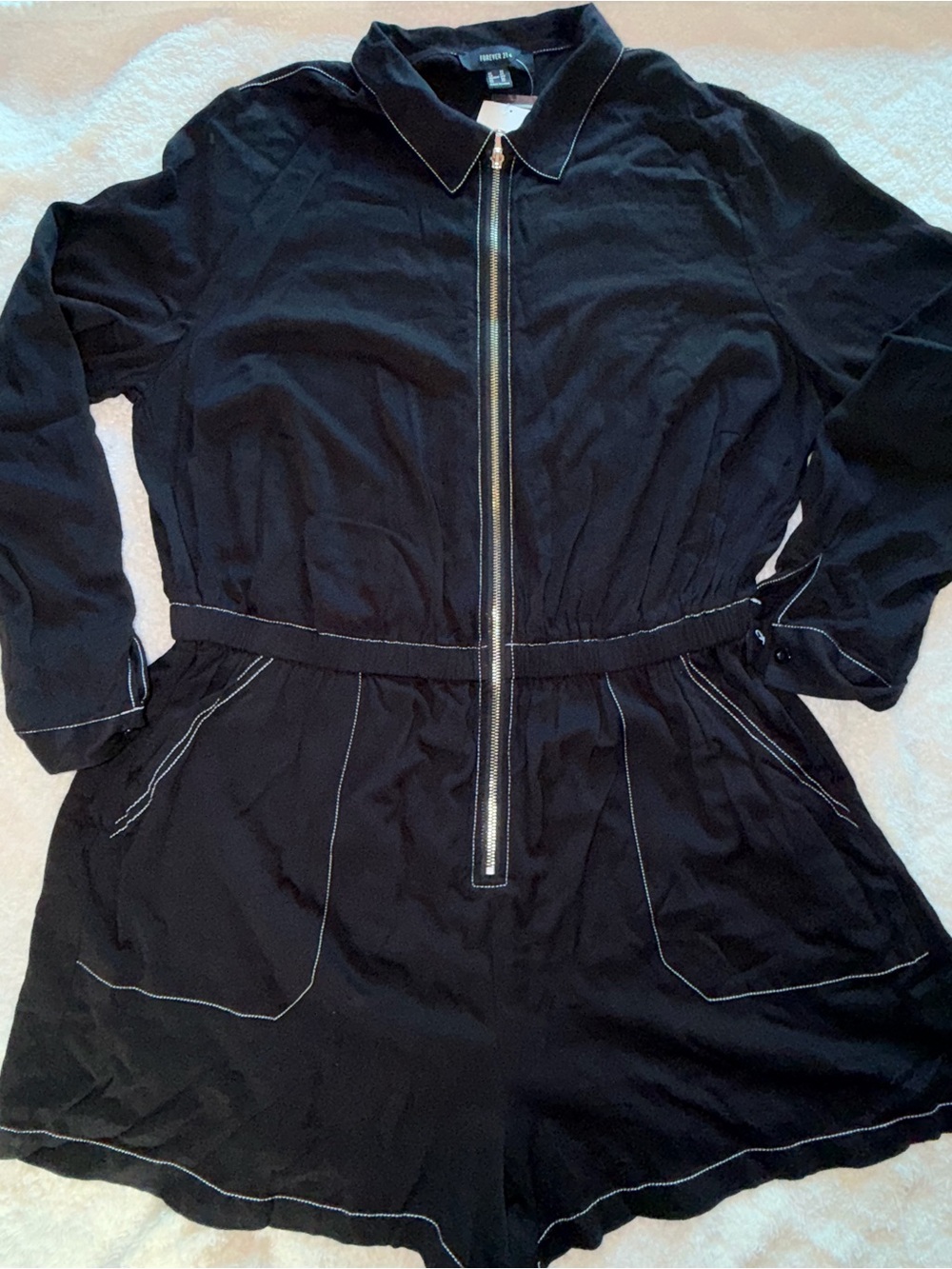 Forever 21+ Black Long-Sleeve Zip Romper with White Contrast Stitching - Picture 4 of 12